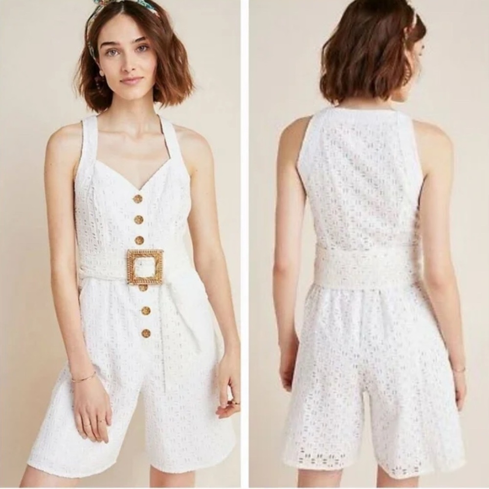Anthropologie White Eyelet Lace Sweetheart Belted Romper